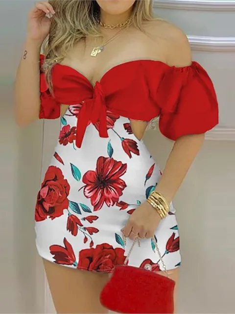 Letnia moda kwiatowa wąska krótka kombinezony damskie seksowne jedno ramię sukienka Bodycon z wycięciami kombinezon Temperament damska Streetwear