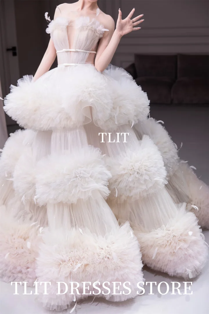TLIT luxe tule gelaagde avondjurk Korea trouwjurk fotoshoot diepe v-hals fee veren prom jassen op maat