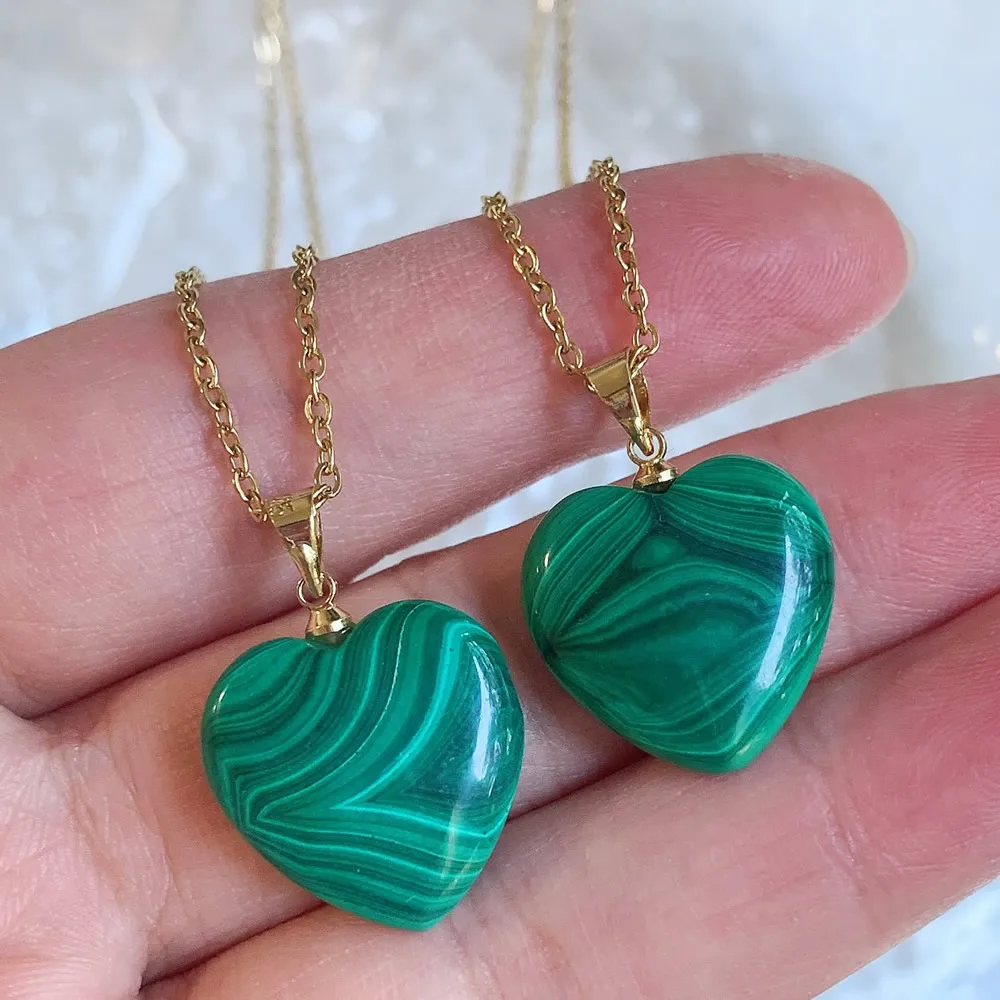 Real Natural Malachite Stone Pendant Necklace Healing Green Stone Heart Shaped Pendulum Charm Stainless Steel Chain Women Choker