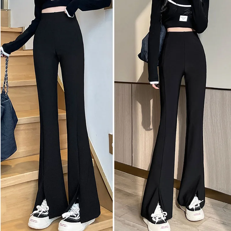 Black Front Split Flares Pants Women Fashion High Waist Elastic Slim Fit Wide Leg Pants Woman 2025 Y2K Simple Popular Trousers