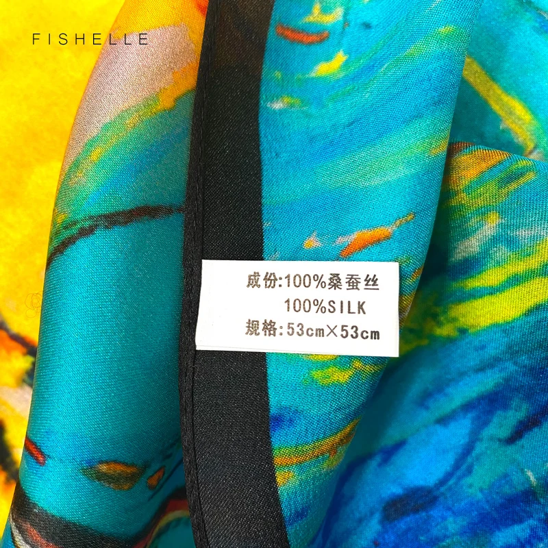 Blue and yellow oil painting natural silk scarves women real silk satin small square 50cm neck scarf thin hijab ladies spring