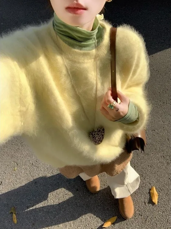 

Yellow Thi Knitted Mouton Sweater round Ne Loose Top for Women Autumn Winter High Sensation Ultra Good Looking Korean Sle