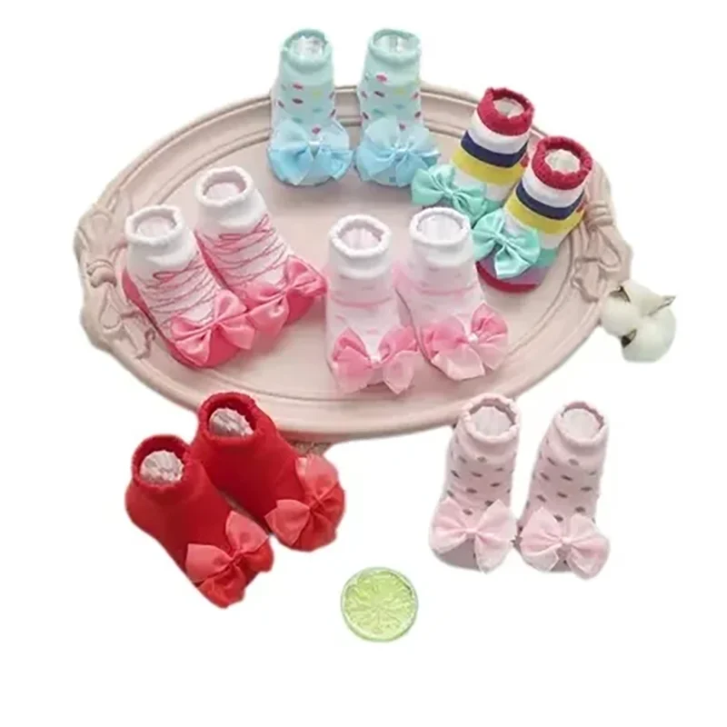 Striped lace stockings, European and American baby socks, butterfly bow cute baby socks