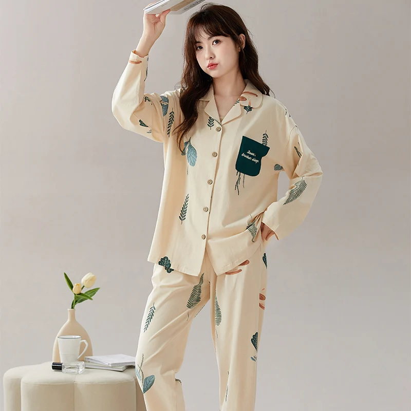 

High Quality Spring and Autumn 100% Cottton Women Pajamas Set Turn-down Collar Long Sleeve Sleepwear Female Floral Pijamas