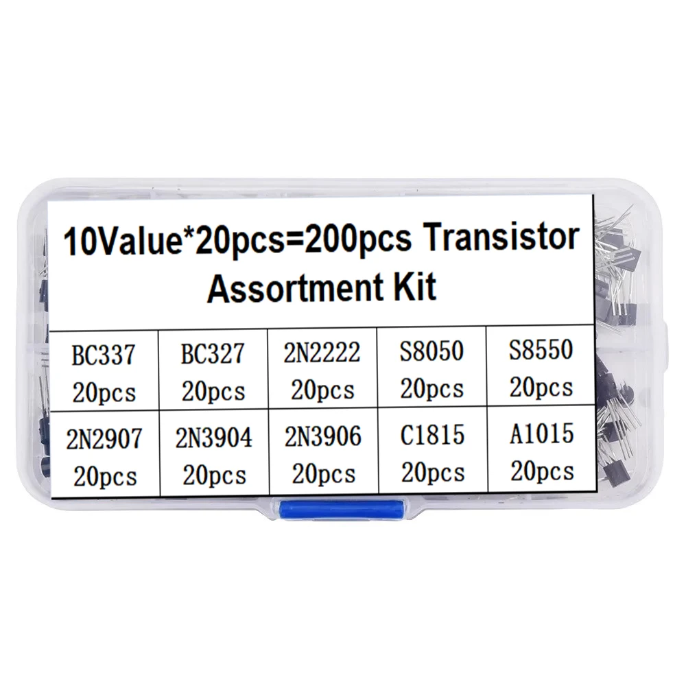 10Value 200PCS Transistor Assortment Kit BC337 BC327 2N2222 2N2907 2N3904 2N3906 S8050 S8550 A1015 C1815 Wit Box