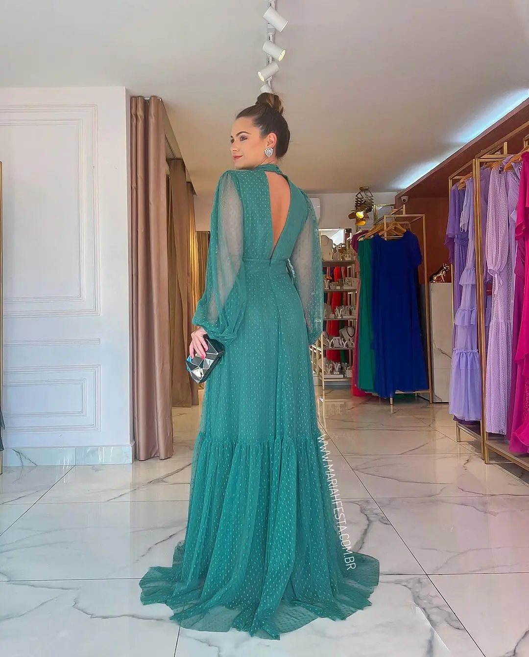 Dark Green Wave Point Prom Dresses Puff Long Sleeves Backless Floor-Length Elegant Lady Evening Dresses 2023 Formal Party Gown