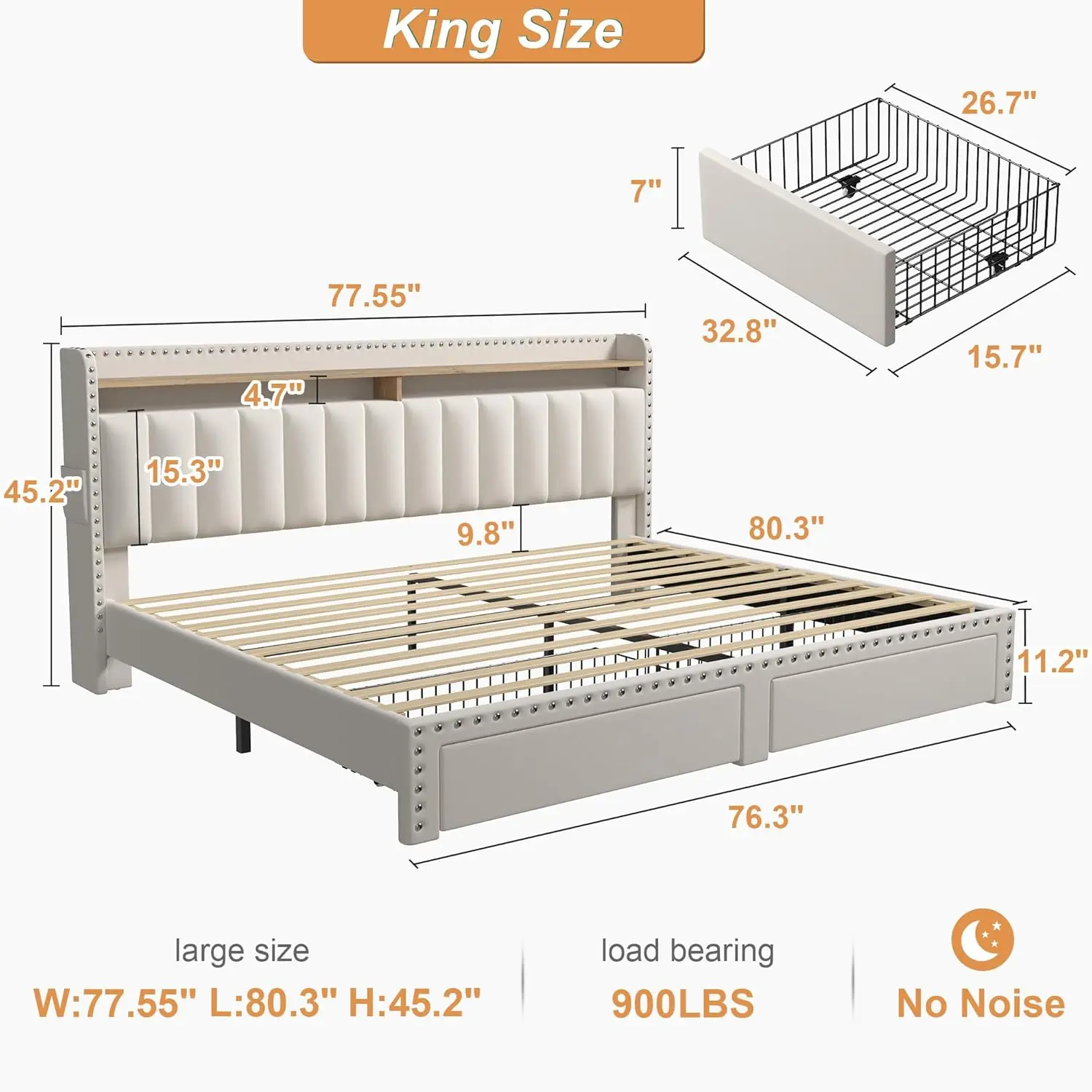 King Size Bed Frame with Storage and Headboard, Upholstered King Bed Frame with Storage, King Bed Frame with 2 Drawers, King Siz