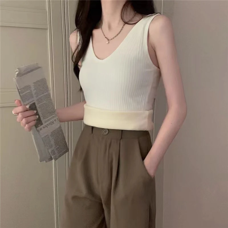 Winter Velvet Thickened Undershirt Women Solid Inner Bottoming Shirt Warm Knitted Thermal Sling Top Cozy Camisole Underwear