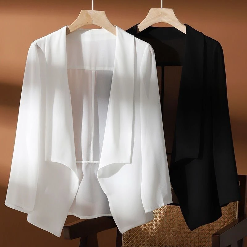 #3512 Black White See Through Chiffon Jacket Women Thin Sexy Short Sunscreen Coat Ladies Asymmetrical Kimono Jacket Cardigan