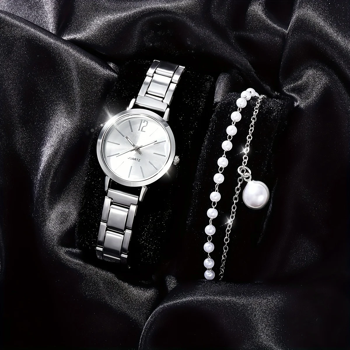 2pcs Simple And Versatile High Junior High School Students Digital Alloy Children's Quartz Wrist Watch Pearl Set