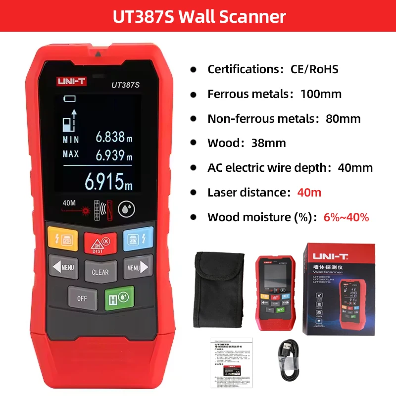 UNI-T ut387c scanner de parede detector de metais 4 em 1 tensão ac fio vivo localizador de pinos de madeira calibração de campainha de cobre ut387e ut387s