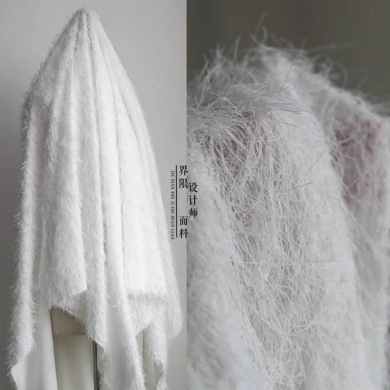 

Fashion Women's Dress Fabric Designer Material with Chiffon Feather Fringe and Plush Background
