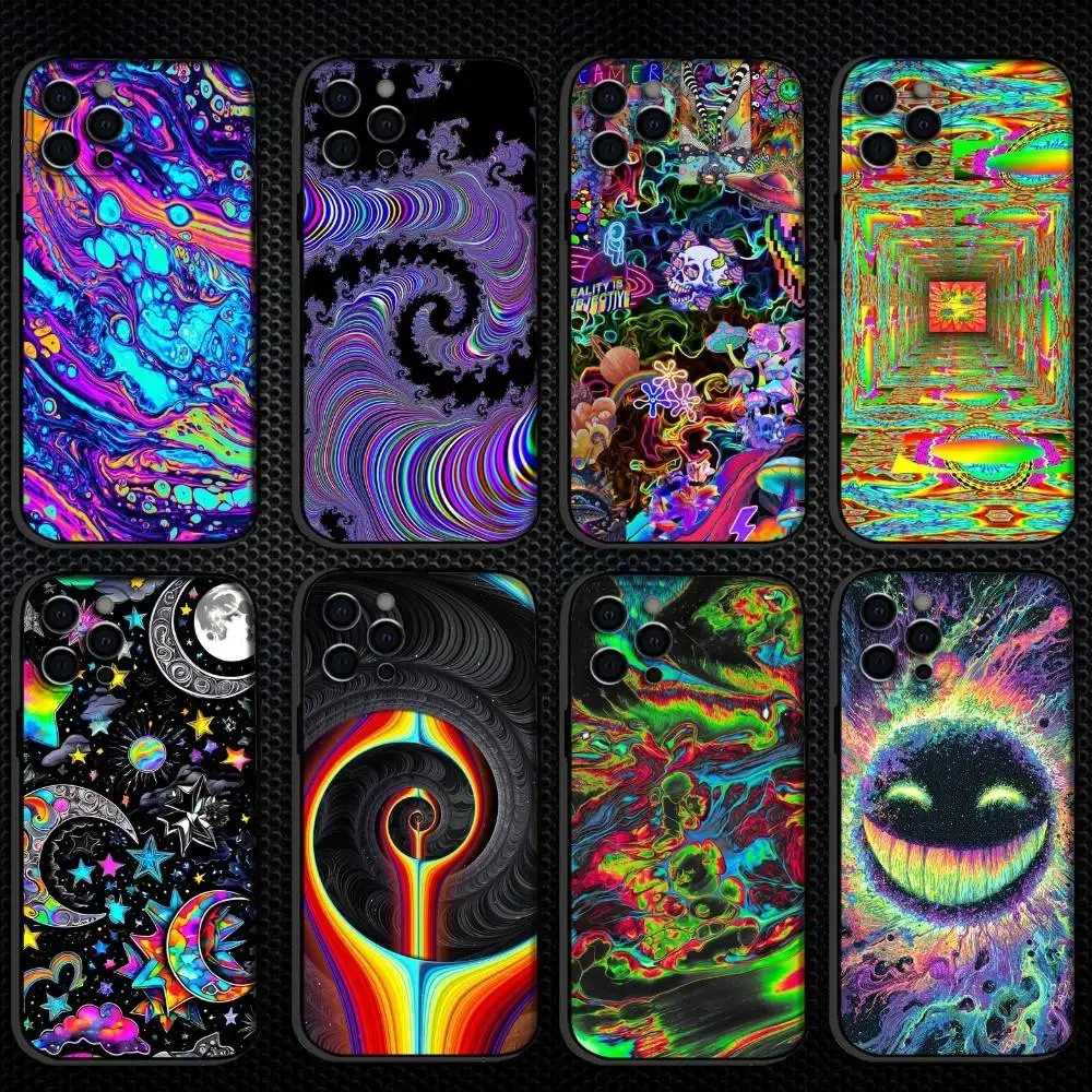 

Colourful Psychedelic Trippy Art Phone Case For iPhone 16,15,14,13,12,11 Plus,Pro Max, Others Soft Black Cover