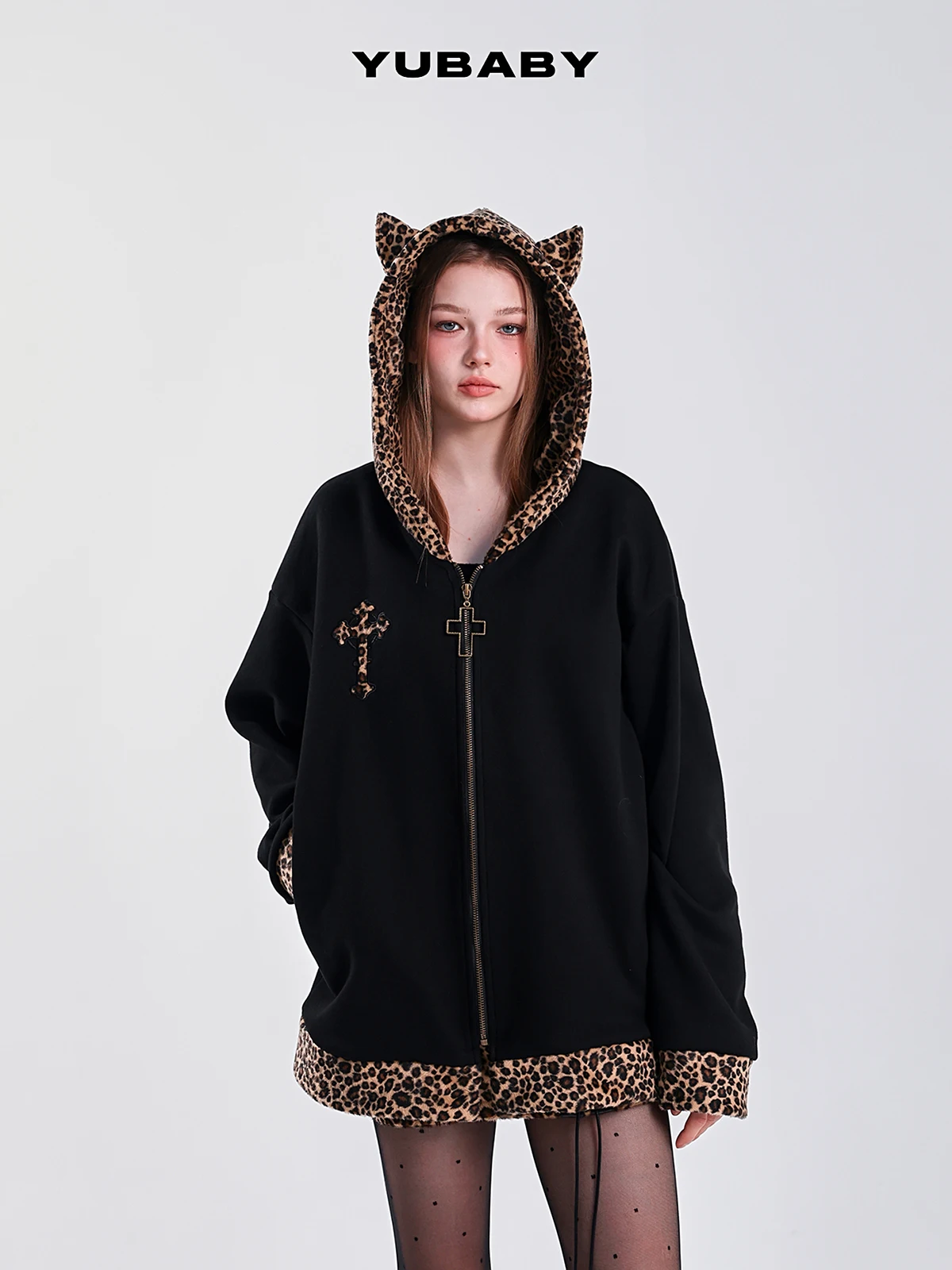 New Harajuku Black Cat Ear Hooded Long Sleeved Metallic Cross Sweatshirt Coat Hot Girl Loose Thick Kawaii Leopard Print Coat