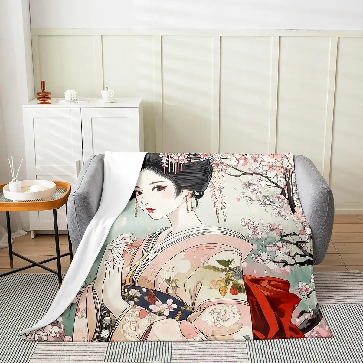 Kids Japanese Geisha Girl Flannel Fleece Throw Blanket Baby Boys Girls Cherry Blossoms Plush Blanket