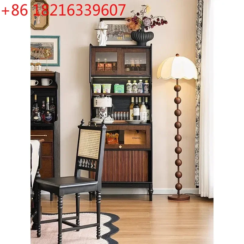 YAOSolid Wood Dining Side Cabinet Narrow American Living Room Wall Integrated Tea Cabinet Multi Functional Locker High Cabinet