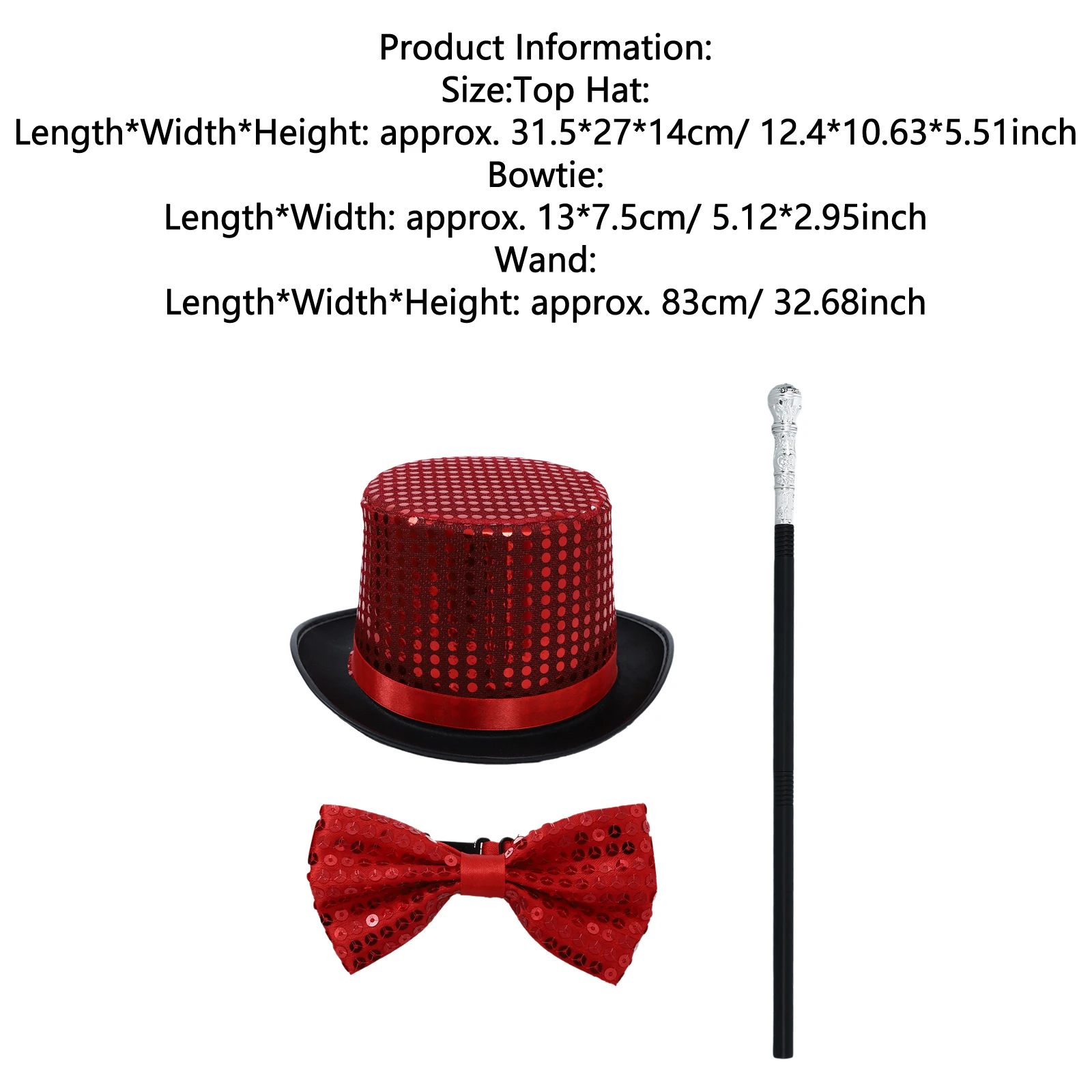 Conjunto de 3 peças para festivais e festas, com chapéu de palhaço, gravata borboleta e varinha destacável para performance de palco.