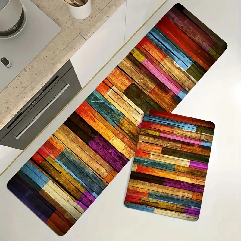 1pc Colorful Floor Printed Kitchen Rug, Vintage Flannel Absorbent NonSlip Cushioned Rug, Living Room Bedroom Bathroom Sink Laund