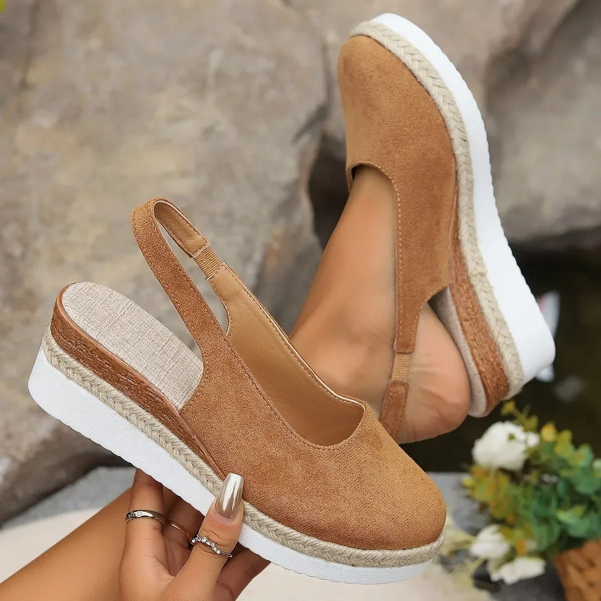 

Pop Summer Women Plain Wedge Sandals Ladies Solid Color Round Head Elastic Band Design Comfortable Platform Sandals Size 36-43