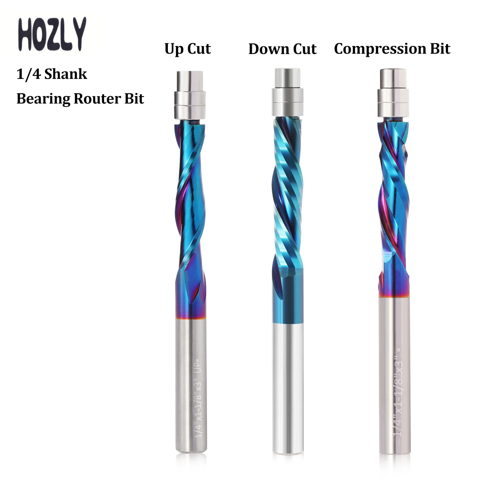 HOZLY 1pcs 6.35mm Wood Trimming Router Bits UP Cut Down Cut Compression Spiral Milling Cutter for Wood CNC Bearing Trim Tool