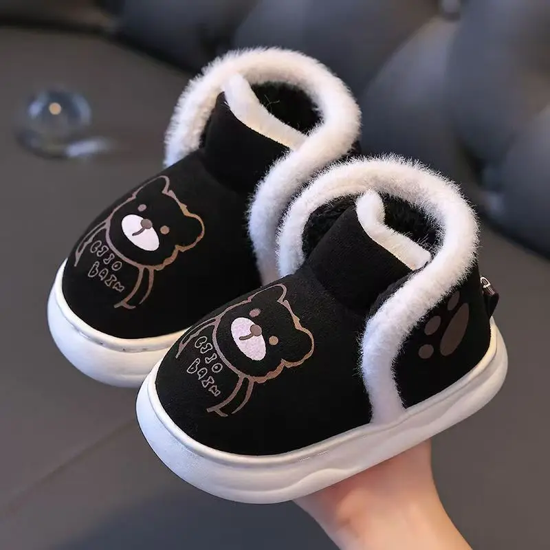 2024 Children's Winter Boatou Home Cotton Shoe Boys And Girls Soft Sole Non Slip Cartoon Plush Warm Slip On High Top Cotton Shoe