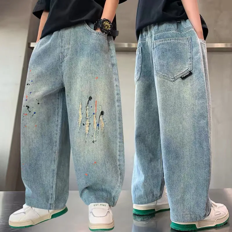 Spring and Autumn Children's Jeans Fashion New Style Boys' Punched Casual Pants Kids Trousers 120-170cm
