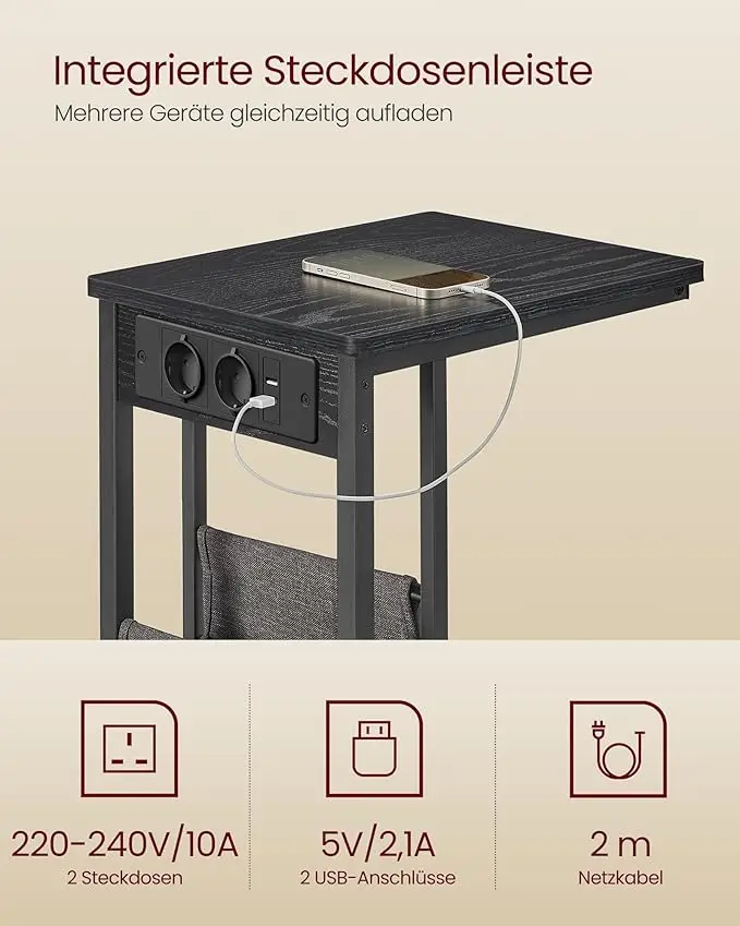 VASAGLE Beistelltisch, mit Steckdose, für kleine Räume, 2 USB-Anschlüsse, 30 x 40 x 62 cm