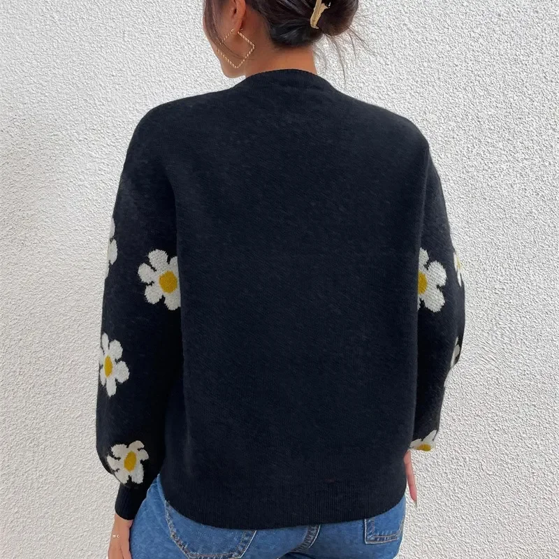 Autumn Winter New College Style Flower Knitted Coat Loose Fashion Round Neck Pullover Print Long Sleeve Sweater Women\'s Tops