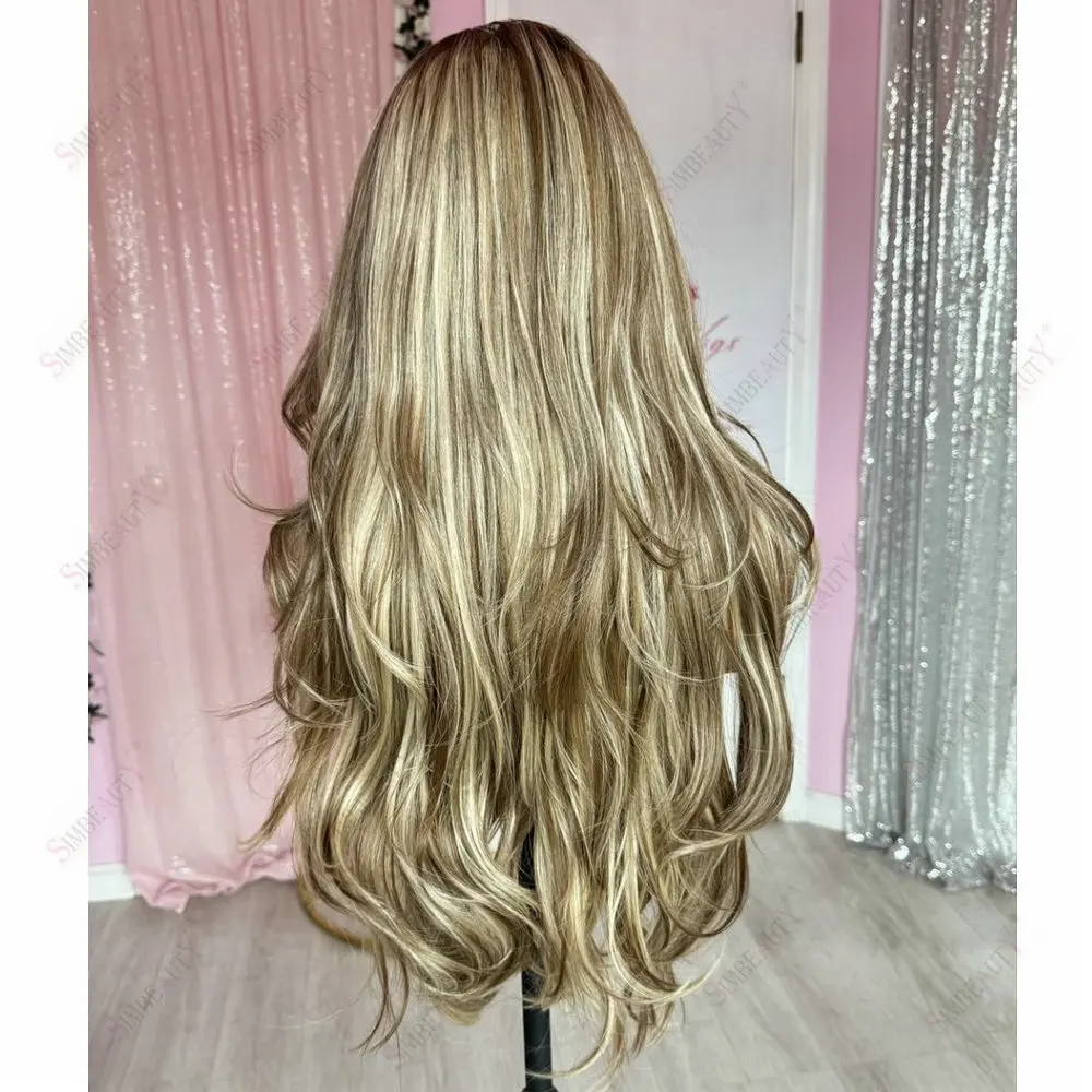 Europäische Echthaar-Perücken mit Vollspitze, transparente Spitzenperücken, hellbraun-blond mit Highlights, natürliche Wellen, 13x6 Lace-Front-Perücken – Detail 5