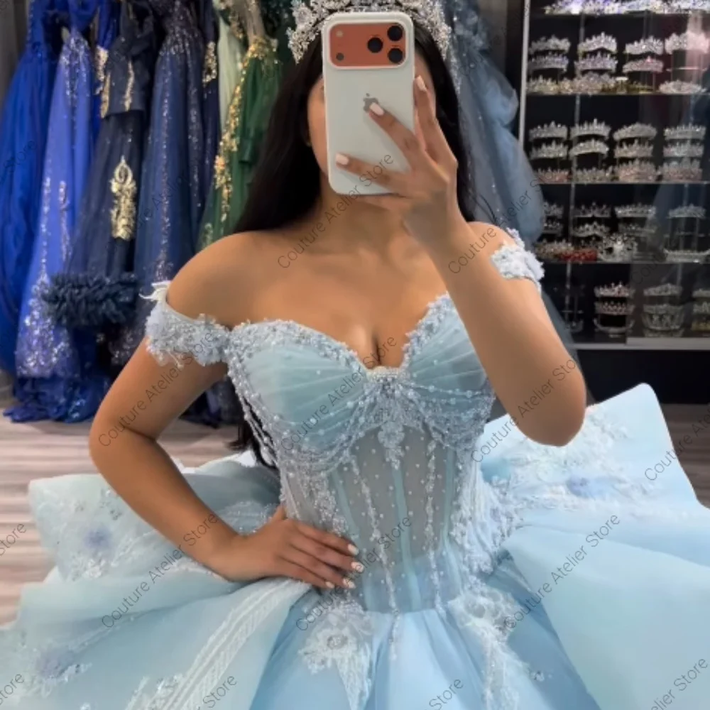 Luxury Ice Blue Quinceanera Dresses Off the Shoulder Lace Appliques Floor Length Draped Vestidos De 15 Customized
