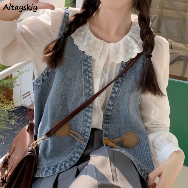 

Denim Vests for Women Horn Button Design Fashion Korean Style Spring Outwear Students Sweet Girls College All-match Young V-neck