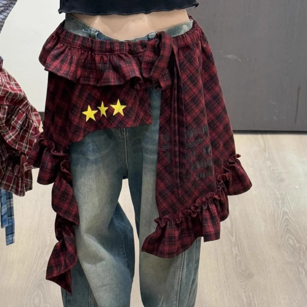 Abiti a strati di stelle Gonna scozzese Sciarpa all'anca con lacci dolce hip-hop Y2K Cintura con bordo arricciato stile coreano