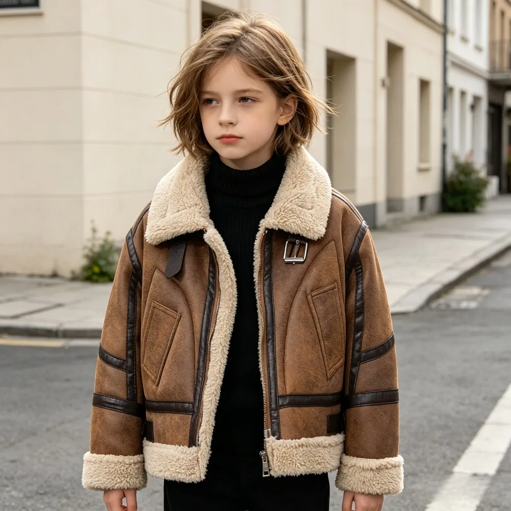 Unisex Kids Winter Fleece Lined Motorcycle Jacket Faux Leather Zip Up Coat Cold Weather Outfits Buckle Collar Warm Outerwear Top
