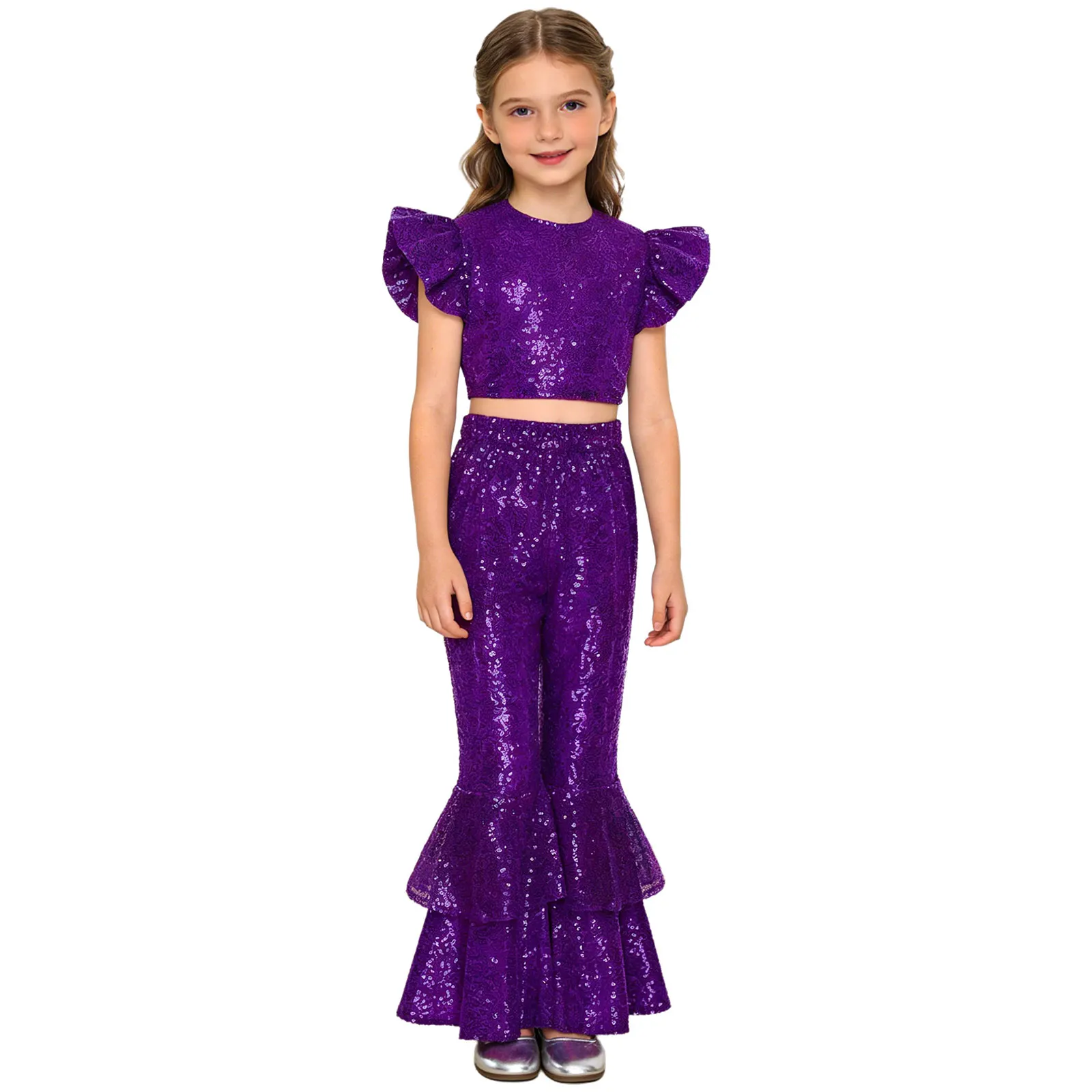Kids Girls Glittery Sequin Wedding Party Outfit Fly Sleeve Crop Top with Bell Bottom Pants for Birthday Pageant Ball Jazz Dance