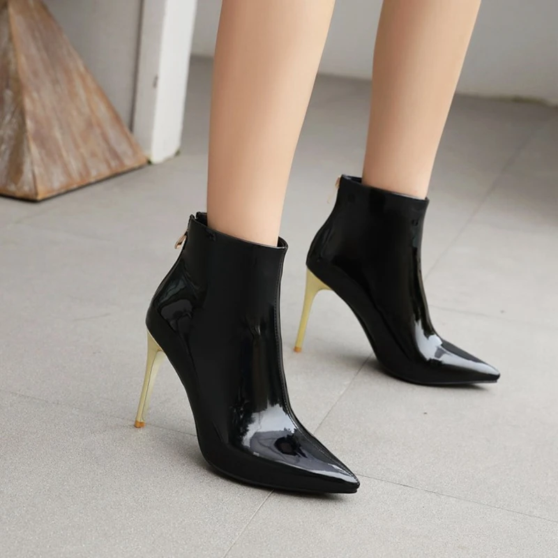 SIMLOVEYO Women Ankle Boots Pointed Toe 10cm High Thin Heels Patent Leather Sexy Yellow Big Size 48 A3280