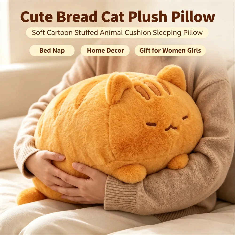Cute Bread Cat Plush Pillow Soft Cartoon Stuffed Animal Cushion Sleeping Pillow for Women Girls Bed Nap Home Decor Gift