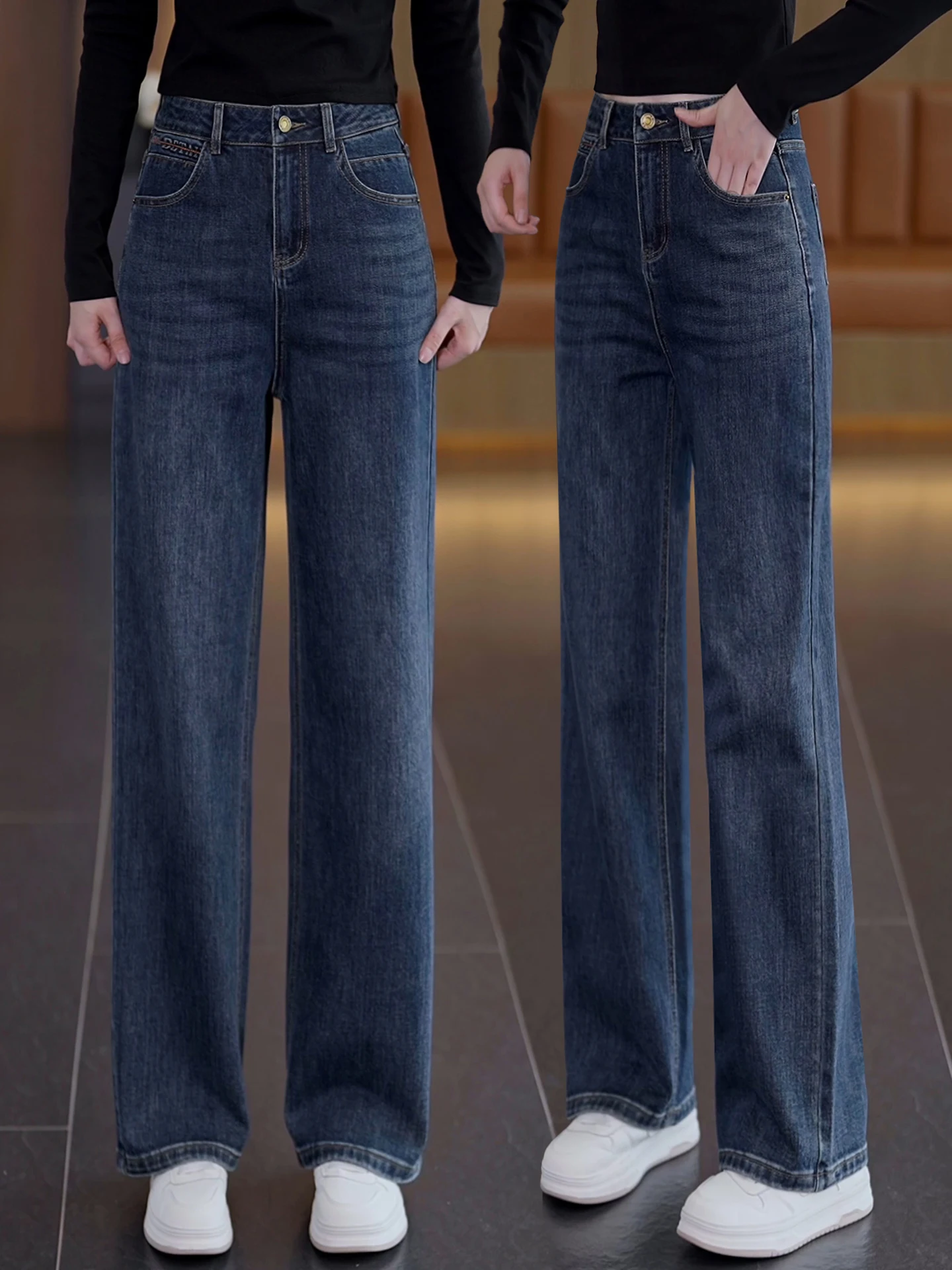 

Retro Blue Slim Wide Leg Denim Jeans Women's Spring Autumn New Style Slimming Hip Covering Long Pants High Waist Loose Straig...