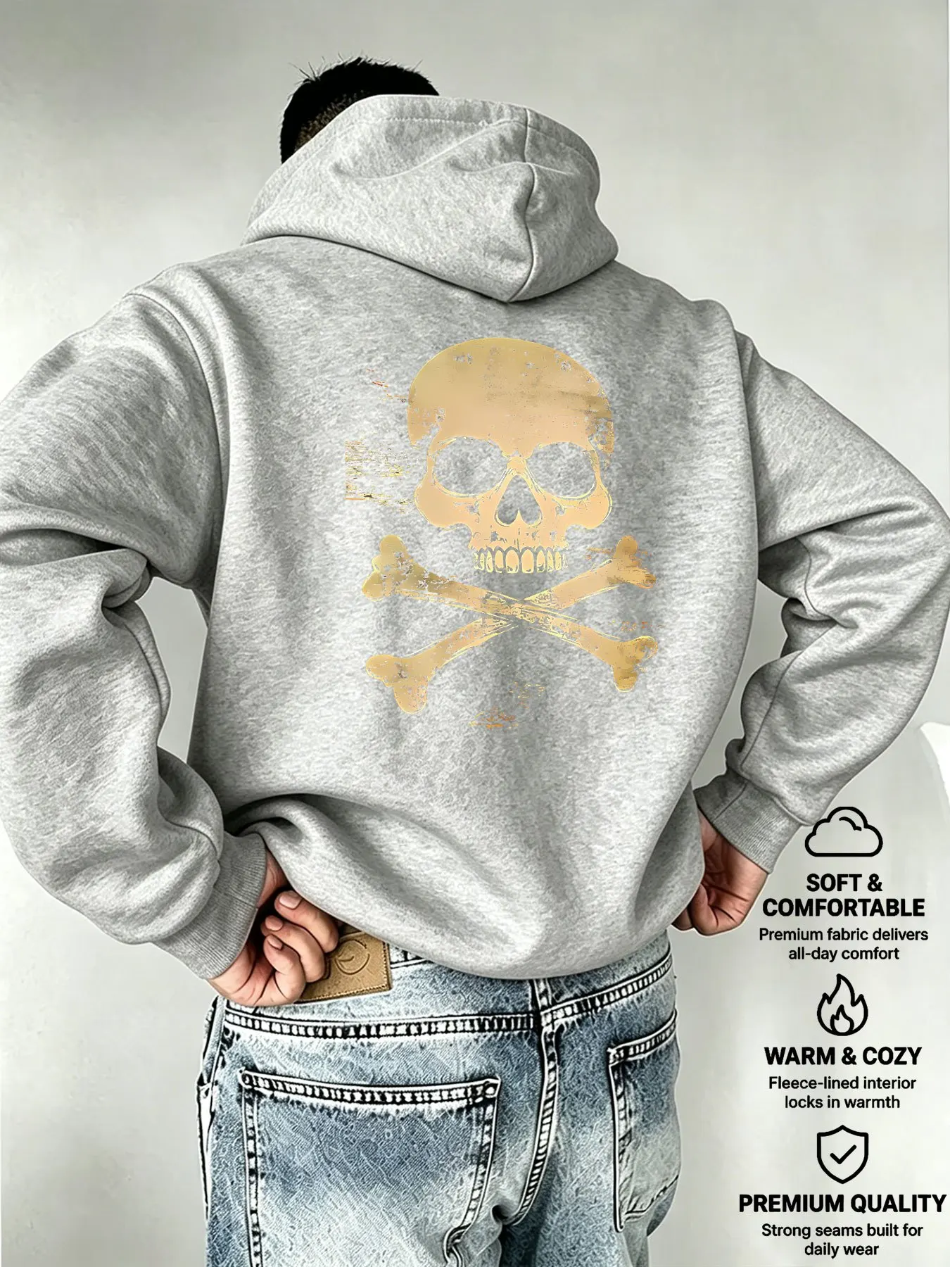 Punk style distressed skull men's pullover hoodie. Weathered texture with printed design. Daily casual men's hooded sweatshirt.