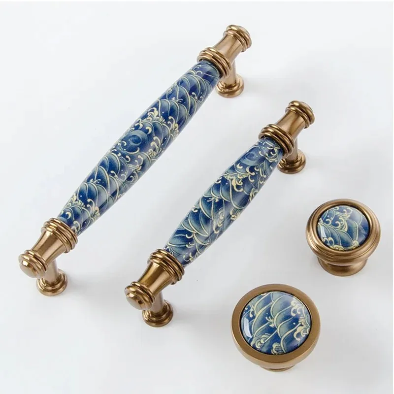 Modern Vintage Blue Wave Ceramic Cabinet Pull Knob Household Furniture Decoration Hardware Accessory For Drawer