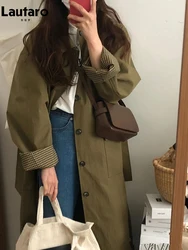 Lautaro Spring Autumn Long Loose Casual Chic Trench Coat for Women Turn-down Collar Pockets Single Breasted Korean Fashion 2022