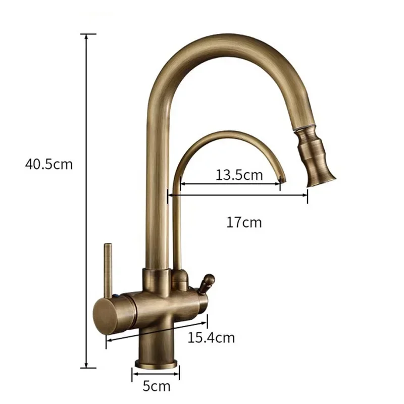 Antique Pull Out Solid Brass Crane Deck Mounted Water Filter Tap Sink Faucet Mixer 3 Way Kitchen Faucet