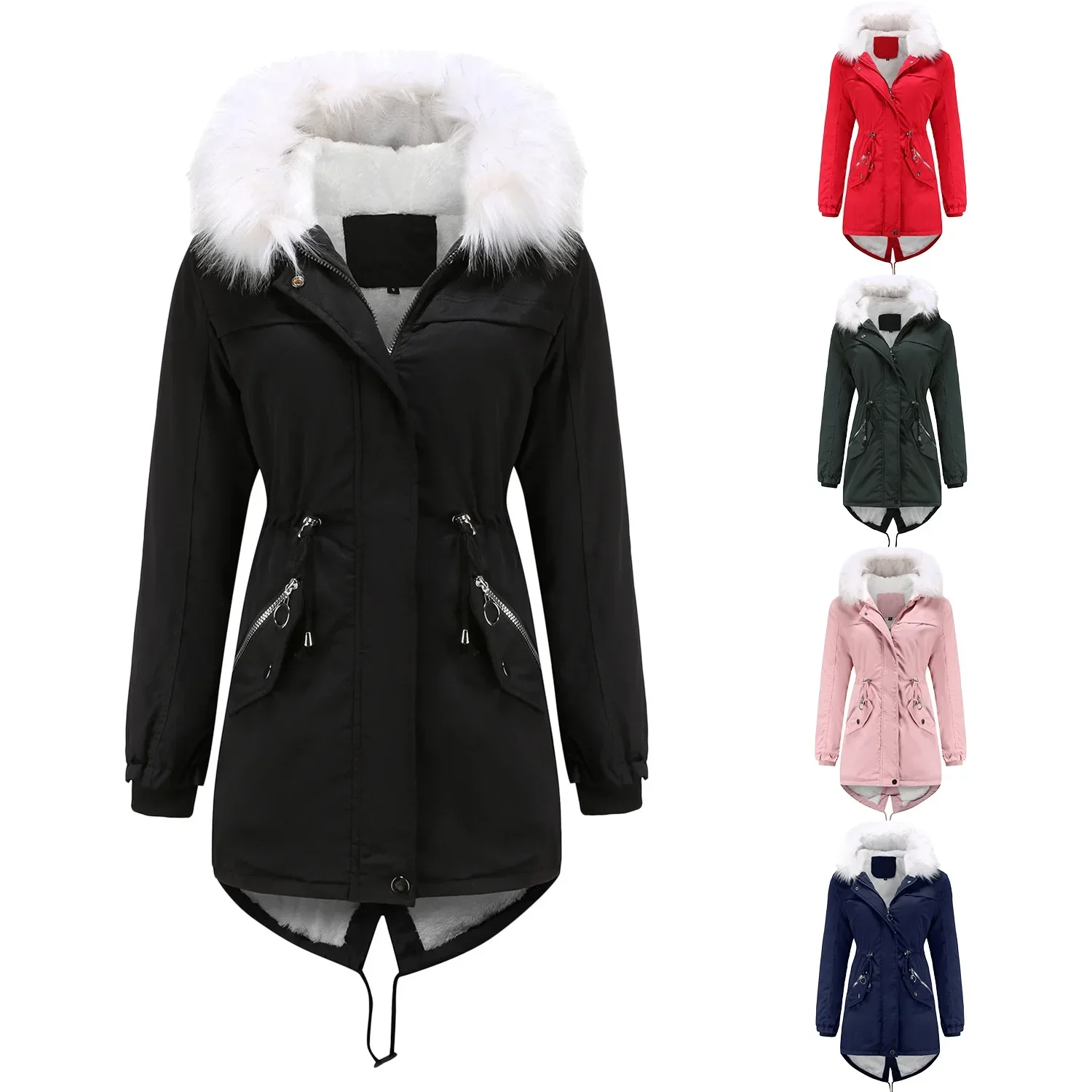 New Overcomes Womens Oversized Medium Length Plush Cotton Jacket Womens Warmth Belt Fur Collar Loose Winter Jacket