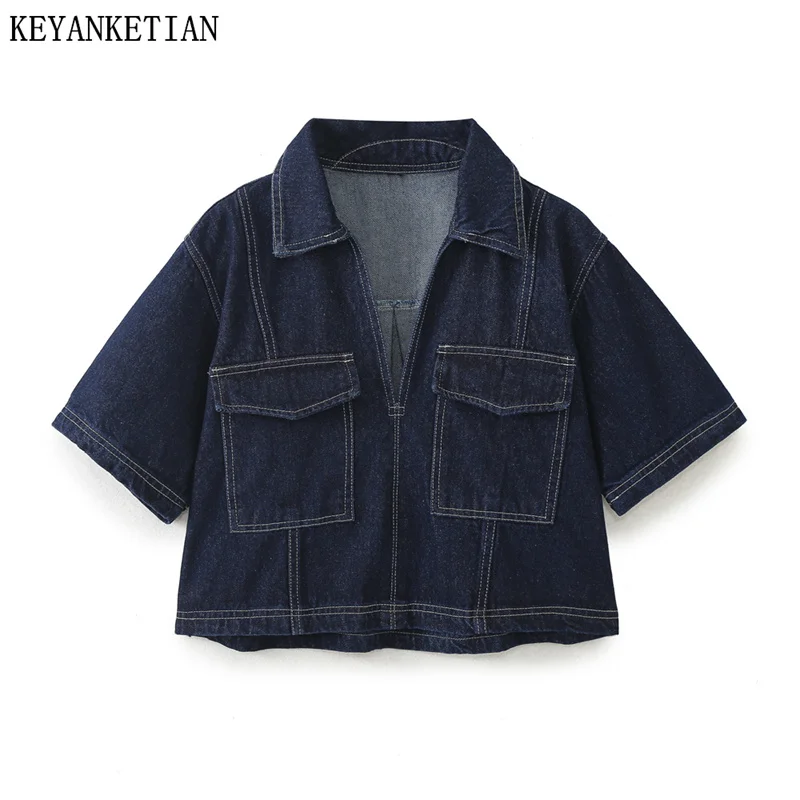 

KEYANKETIAN 2024 New Launch Women's Cropped Denim Shirt High Street Vintage Flap Pockets Short Sleeve Loose Pullover Blouse Top