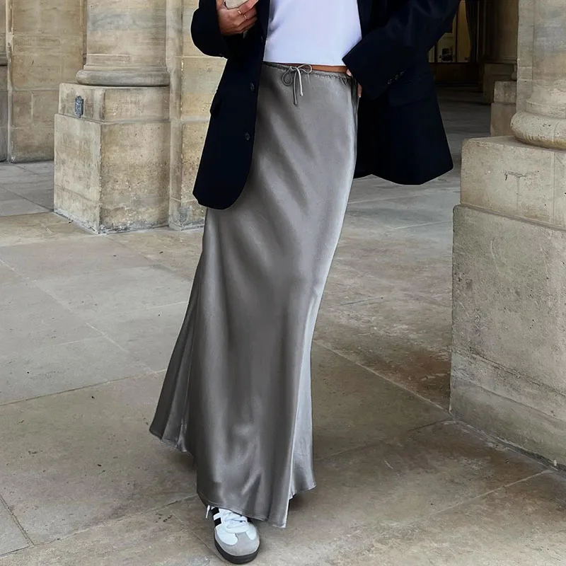 Femmes jupes en Satin élégant taille haute jupes longues pour les femmes couleur unie jupes mi-longues bureau dame haute rue jupes femmes vêtements