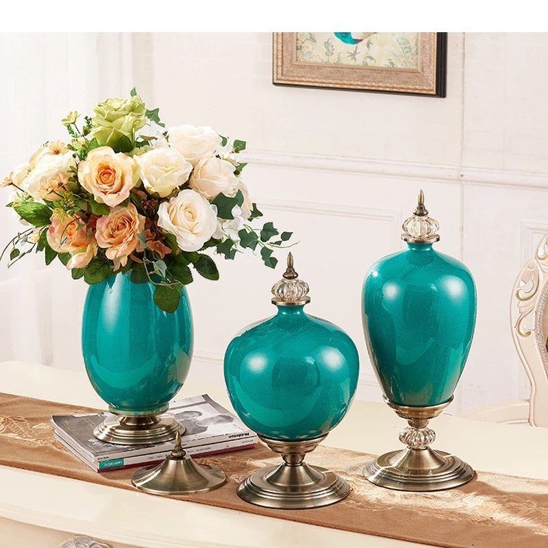 

European Ice Crack Ceramic Vase Ornament Yellow Floral Flower Vase with Lid Metal Base Living Room Table Furnishings Home Decor