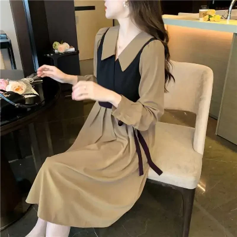 

Fashion Lapel Spliced Folds Bandage Fake Two Pieces Casual Dresses Women's Clothing 2024 Spring New Loose All-match Midi Dress