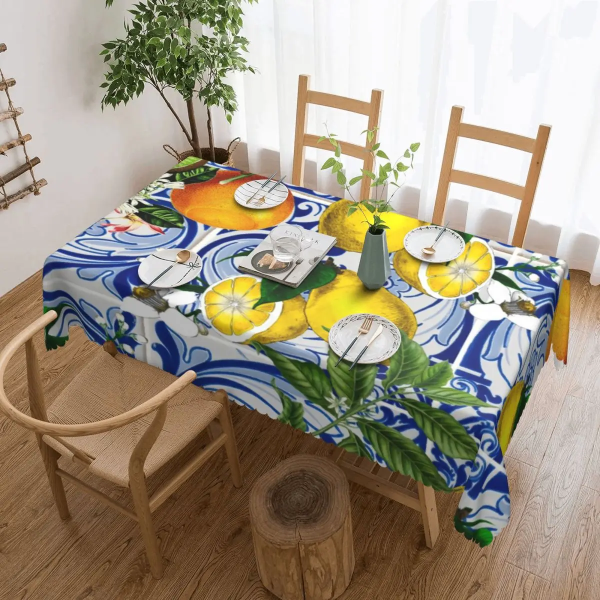 Mediterranean Lemon On Blue Ceramic Tiles Rectangular Waterproof Oilproof Tablecloth Table Cover for Dining Events Table Cloth