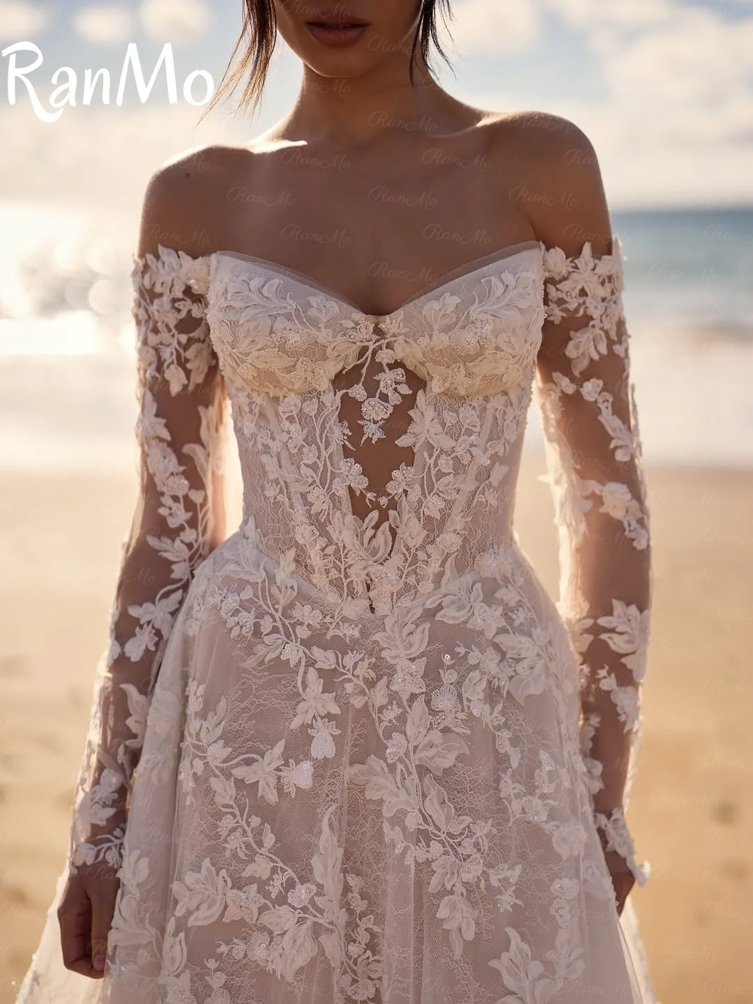 Ranmo جديد 2025 فستان زفاف أبيض على شكل حرف A بدون أكتاف وأكمام طويلة من الدانتيل فساتين زفاف فاخرة بوهو فستان زفاف طويل مخصص