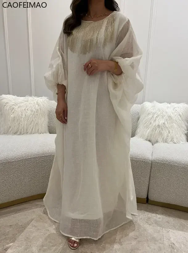 Vintage Cotton Linen Fashion Loose Long Dress Women Casual Lantern Sleeve Pullover Dress Elegant Tassel O Neck Female Maxi Dress