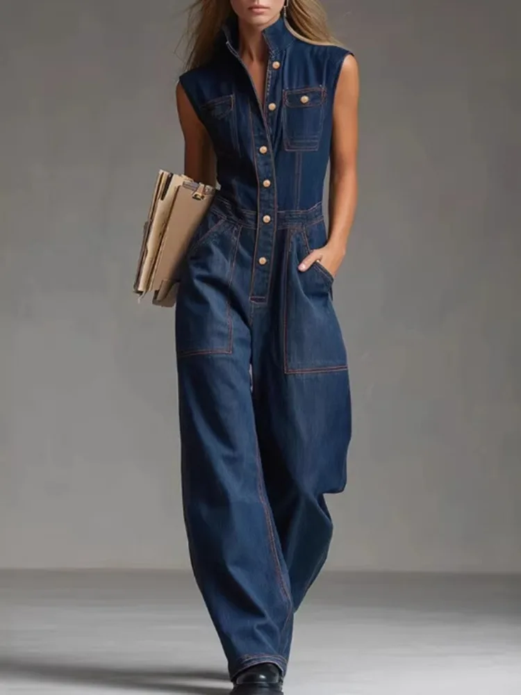 

Yeezzi Women's Sleeveless Denim Jumpsuits 2026 New Fashion Contrast Stitching High Waist Wide Leg Buttons Pockets Cargo Jumpsuit
